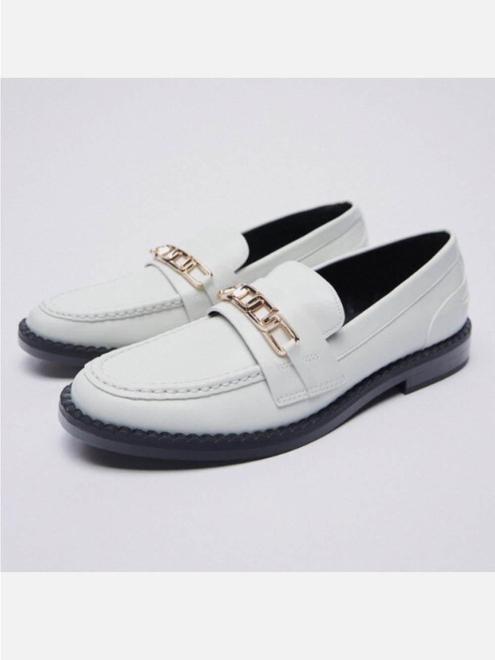 Zara Women’s White Vegan Leather Loafers with Gold Chain Accent